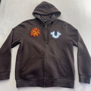 True Religion True Flower EST 02 World Tour Brown Zip Y2K Hoodie Chenille Size L